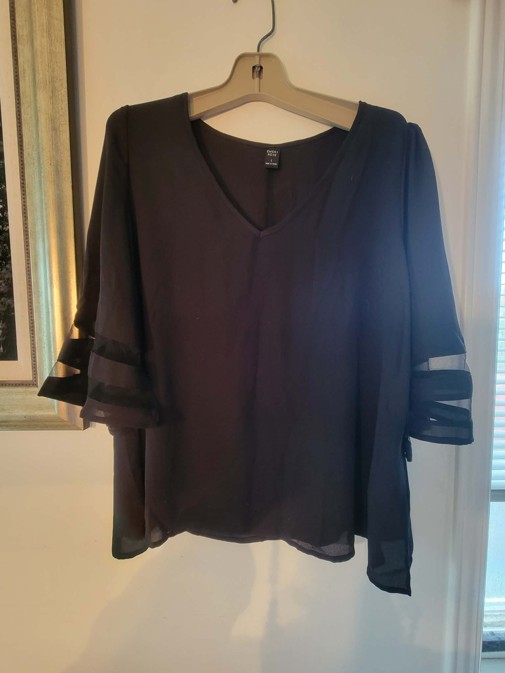 Black V-Neck Blouse with Sheer Tiered Sleeves